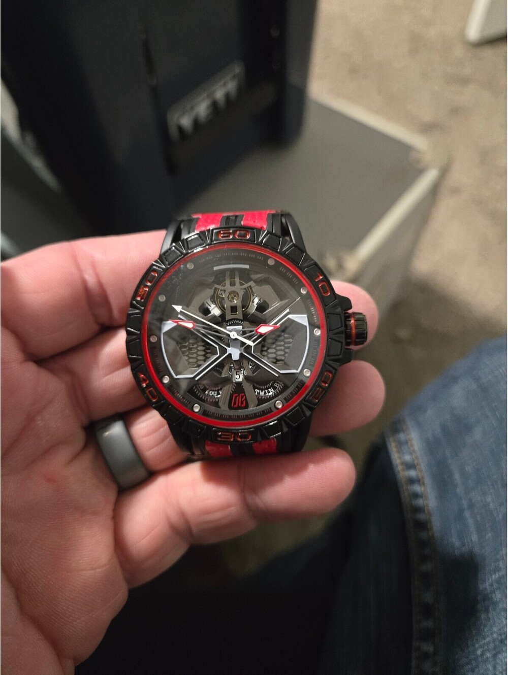 AJ Men's Automatic Mechanical Watch w/ Red and Black Strap
